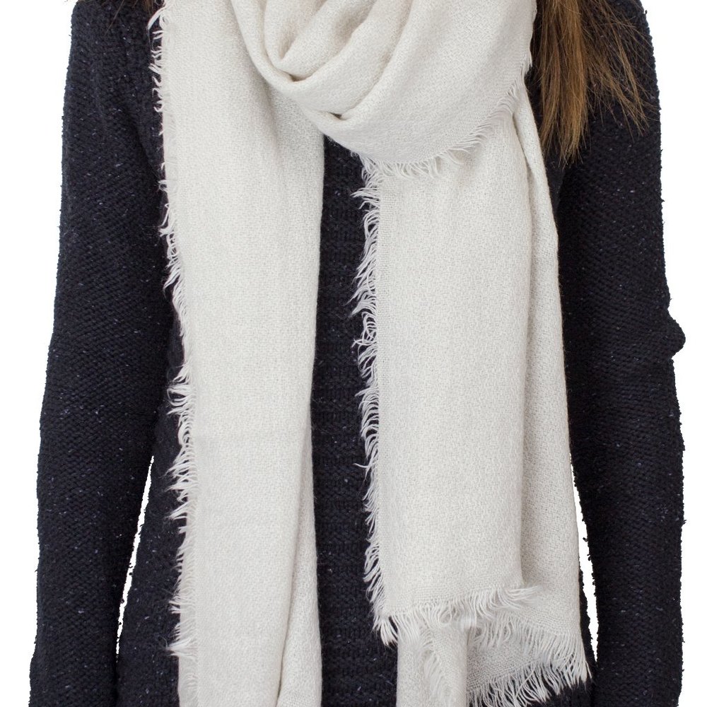 White Frayed Edge Cashmere Blend Blanket Wrap Scarf